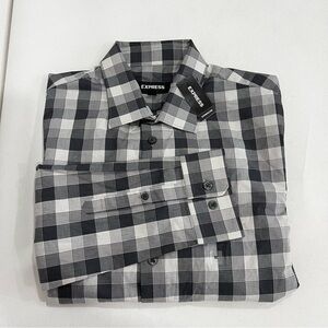 Express Slim Size Medium Men's Black and Gray Plaid button-Up Shirt long Sleeve